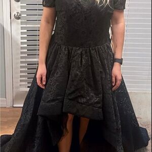 Black Fit and Flare Cocktail Dress with Puff Sleeves and V-Neck